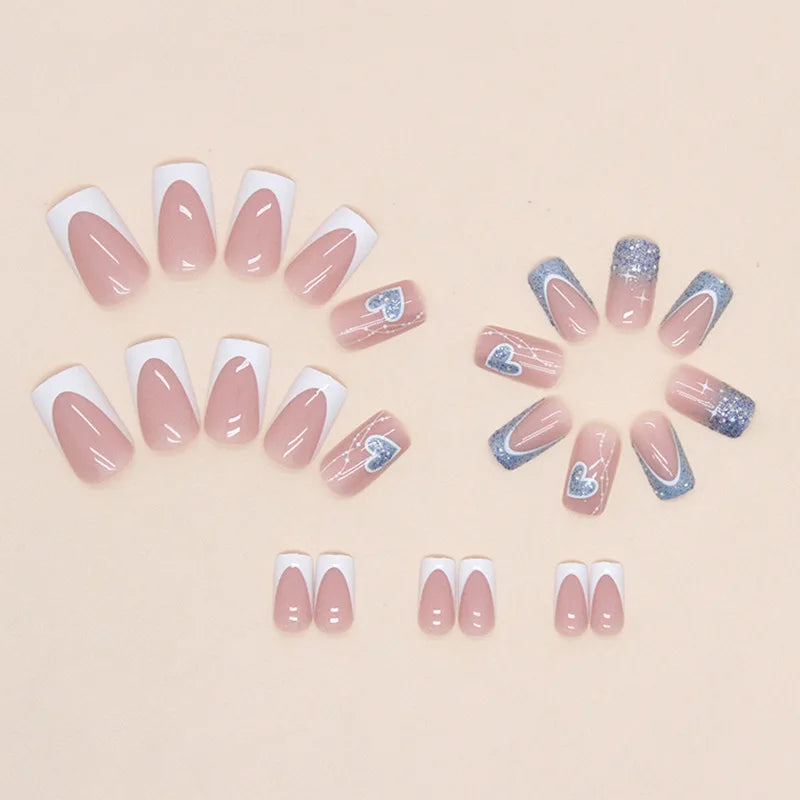 24 PCs Short French Pop Heart Nails with 1 Jelly Gel and 1 Nail File