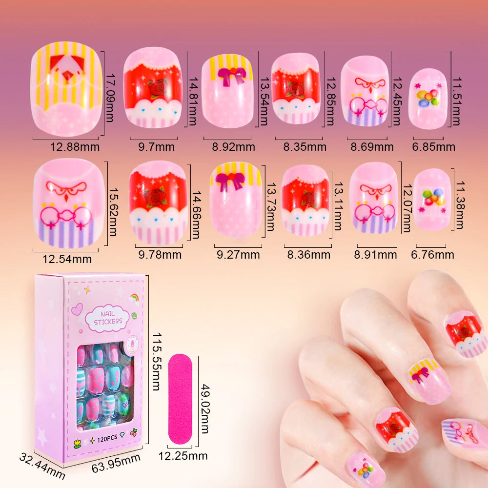 5*24Pcs=120Pcs Christmas Children Cartoon Nail Tips Colorful Cute Girl Fake Nail Set With Jelly Glue Adhesive Children False Nai