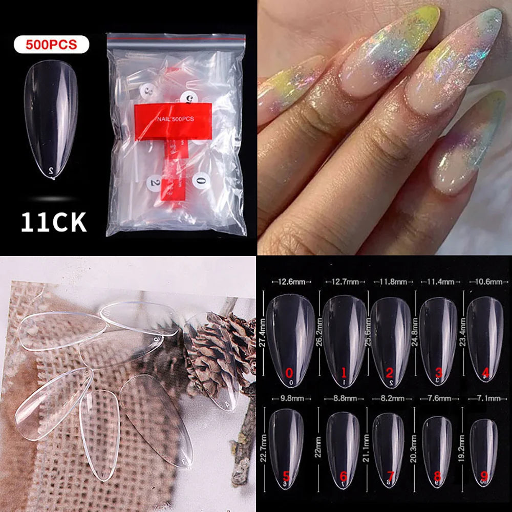 500Pcs Almond Fake Nail Tips Full Cover 10 Sizes Acrylic Stiletto False Art Nail