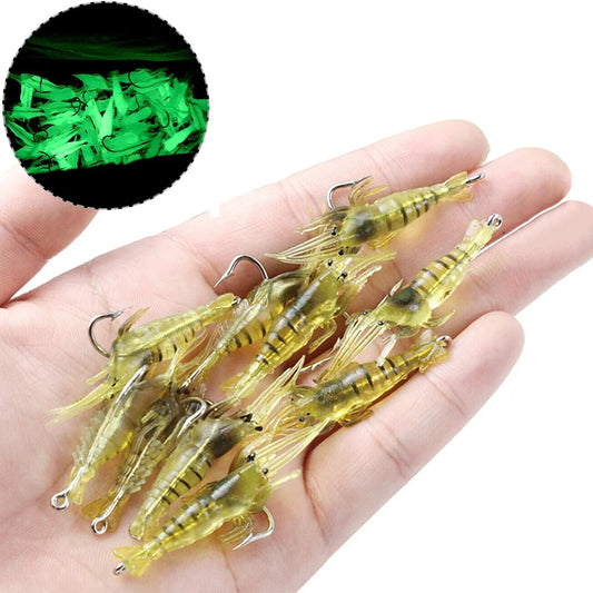 10Pcs/Lot Fishing Lure Lifelike Shrimp Soft Bait Silicone Artificial Bait Crayfish Baits Luminous Carp Fishing Lures with Hook