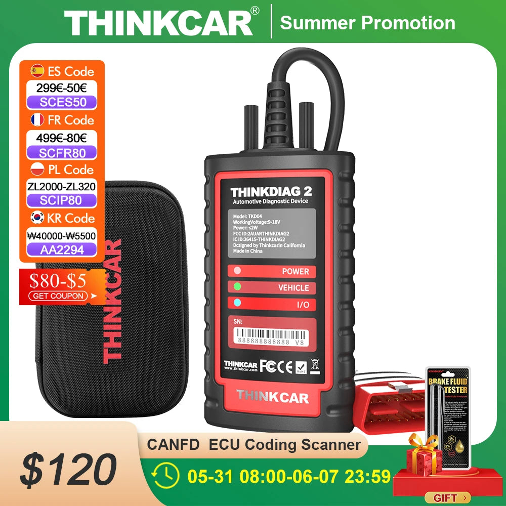 THINKCAR ThinkDiag 2 All System Full Software  OBD2 Diagnostic Tool CANFD Protocol Free 15 Reset Active Test ECU Coding Scanner