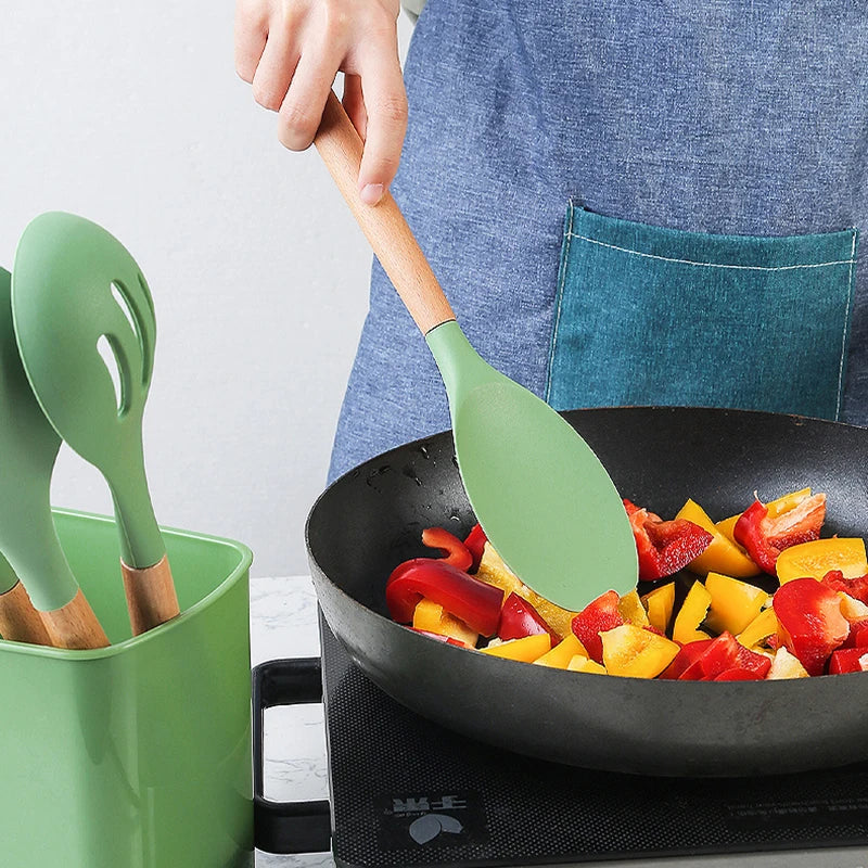 1Pcs Silicone Kitchenware Non-stick Cooking Utensils Cookware Spatula Egg Beaters Shovel Wooden Handle Kitchen Tool Accessories