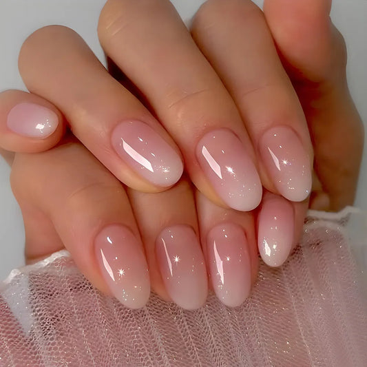 24Pcs Almond False Nails Pink Gradient Simple with French Design Wearable Fake Nails Short Full Cover Press on Nail Tips Art