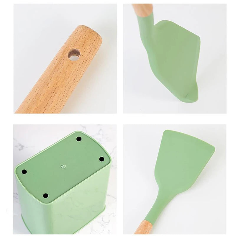 1Pcs Silicone Kitchenware Non-stick Cooking Utensils Cookware Spatula Egg Beaters Shovel Wooden Handle Kitchen Tool Accessories