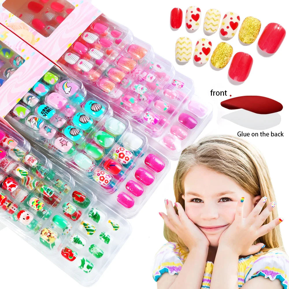 5*24Pcs=120Pcs Christmas Children Cartoon Nail Tips Colorful Cute Girl Fake Nail Set With Jelly Glue Adhesive Children False Nai